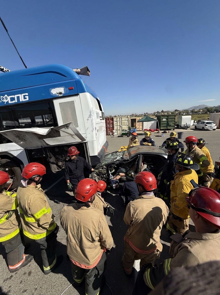 Crew working a CNG bus under-ride scenario